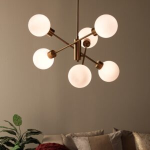 modern brass chandelier – 6 light frosted globe design